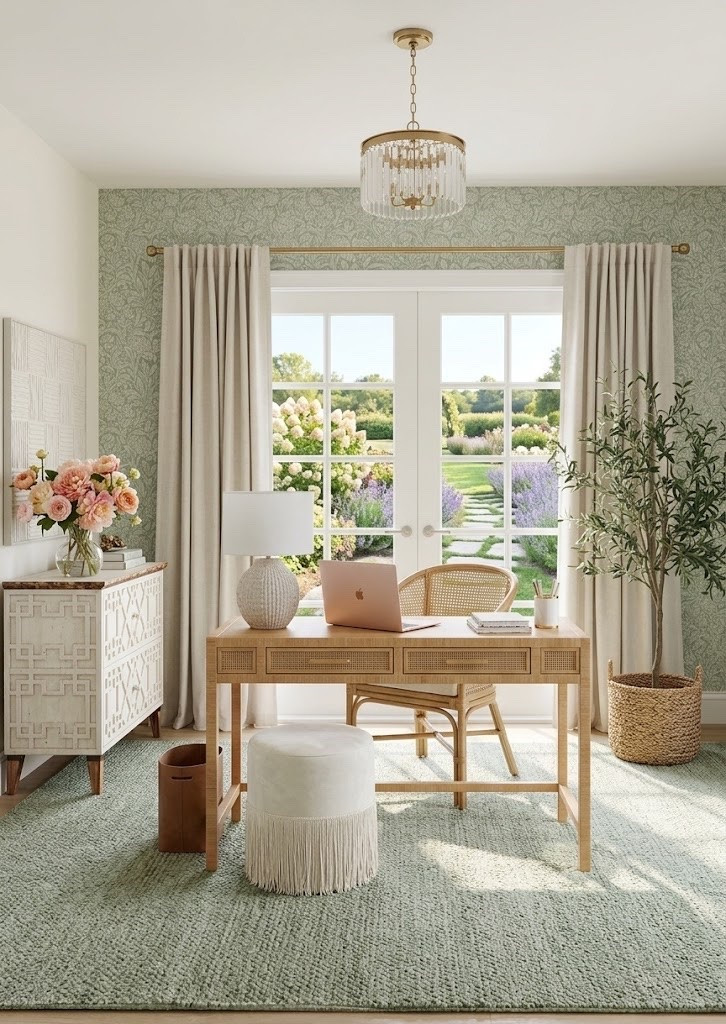 Sophisticated Feminine Home Office in serene greens