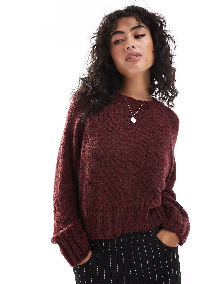 ASOS DESIGN knitted crew neck loose knit jumper in boucle in burgundy-White | ASOS (Global)