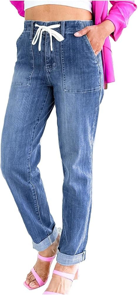 Drawstring Jeans Women Pull On High Waisted Denim Joggers Boyfriend Baggy Cropped Straight Leg Je... | Amazon (US)