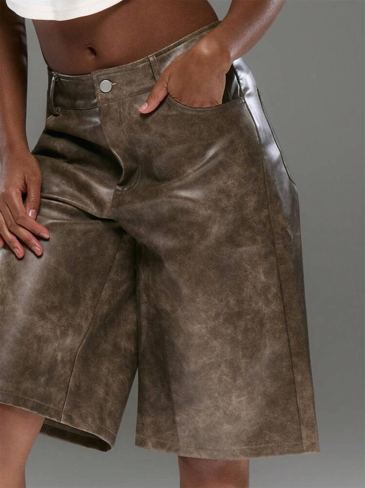 MUSERA Washed Faux Leather Women Street Style Shorts Street Style Boho, Elegant, Holiday Deconstr... | SHEIN