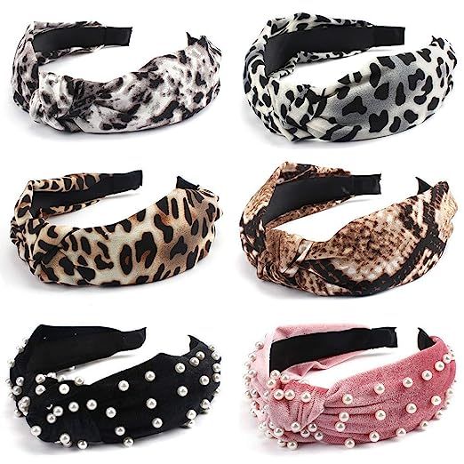 FASOTY 6 Pack Leopard Wide Headbands for Women Velvet Headbands Faux Pearl Turban Headband Knot H... | Amazon (US)