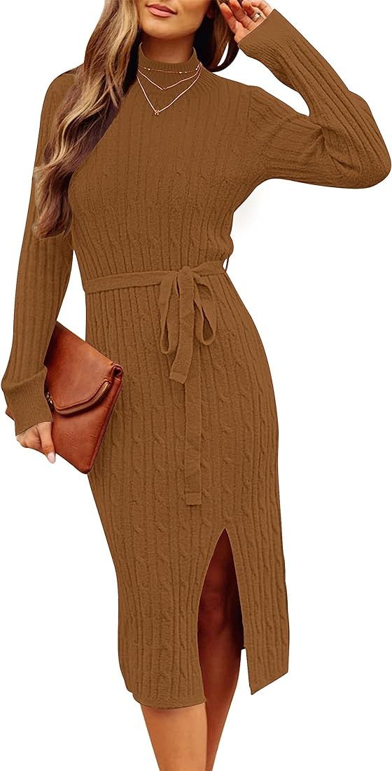 MEROKEETY Women's 2023 Long Sleeve Cable Knit Sweater Dress Mock Neck Slit Midi Bodycon Dresses w... | Amazon (US)