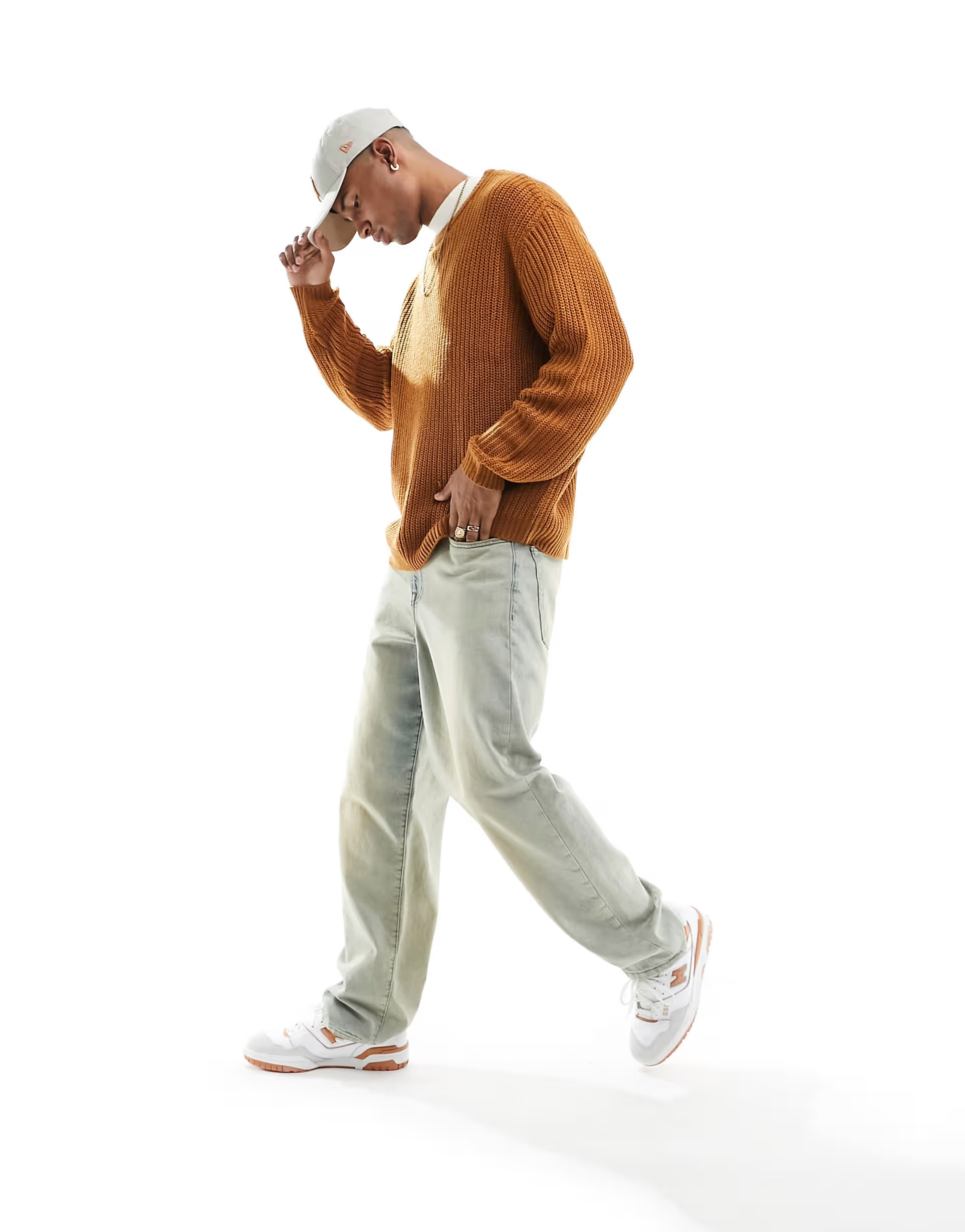 ASOS DESIGN oversized knit fisherman ribbed crew neck sweater in burnt orange | ASOS (Global)