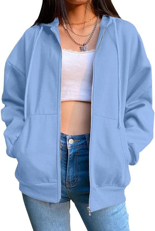 Amazon.com: Women's Oversized Zip Up Hoodie Long Sleeve Hooded Sweatshirts Casual Y2K Sweatshirt ... | Amazon (US)