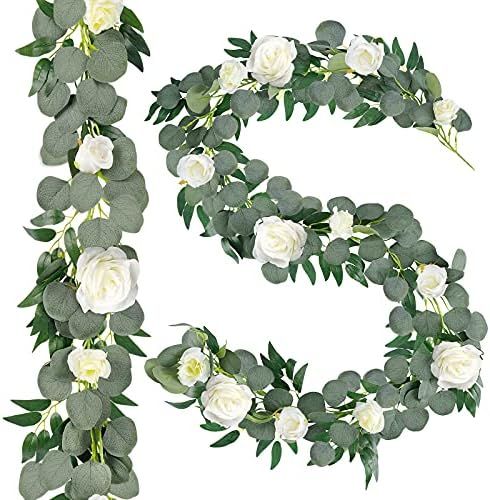 AGEOMET 2 Packs Artificial Eucalyptus Garland with Willow Vines Twigs Leaves Silk White Rose, Ros... | Amazon (US)