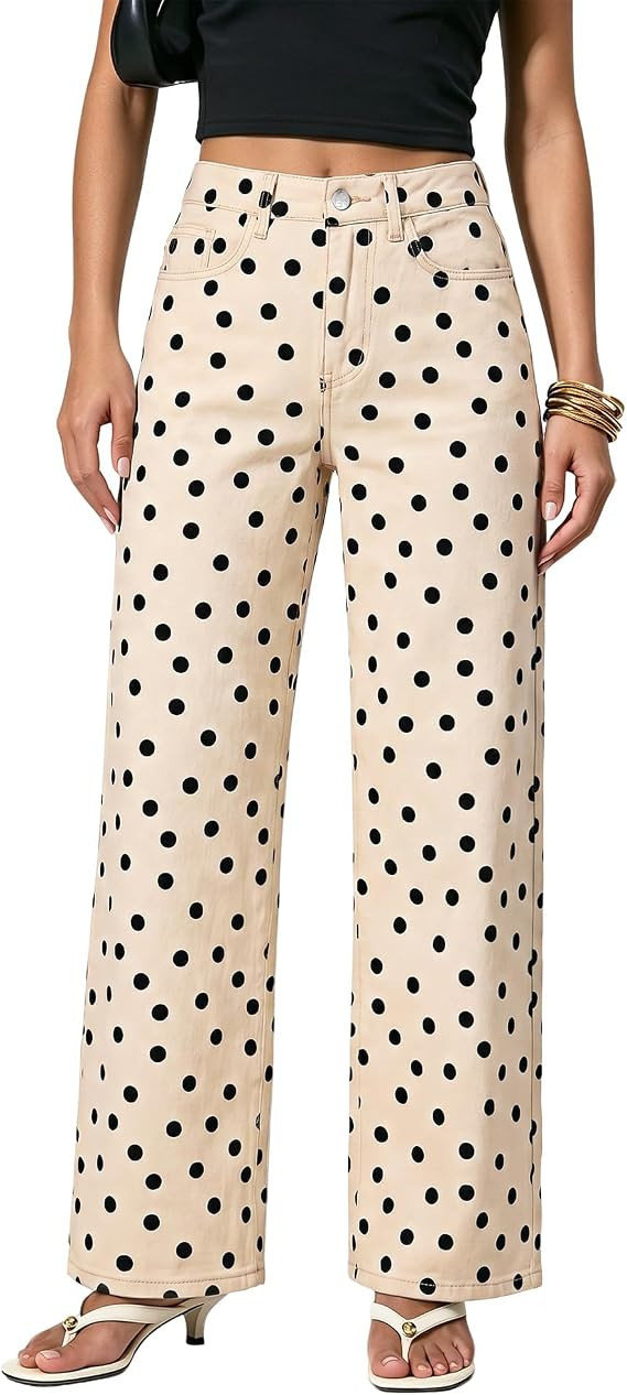 GRAPENT Wide Leg Jeans for Women High Waisted Polka Dot Stretch Denim Pants | Polka Dot, 90s Bagg... | Amazon (US)