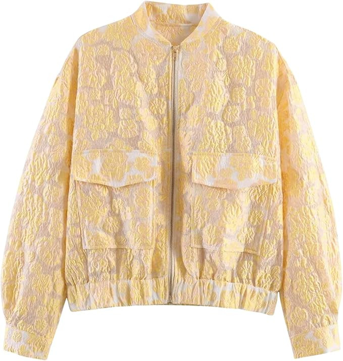 Chevara Women’s Sheer Floral Lace Bomber Jacket Long Sleeve Zip Up See Through Cardigan Outwear | Amazon (US)