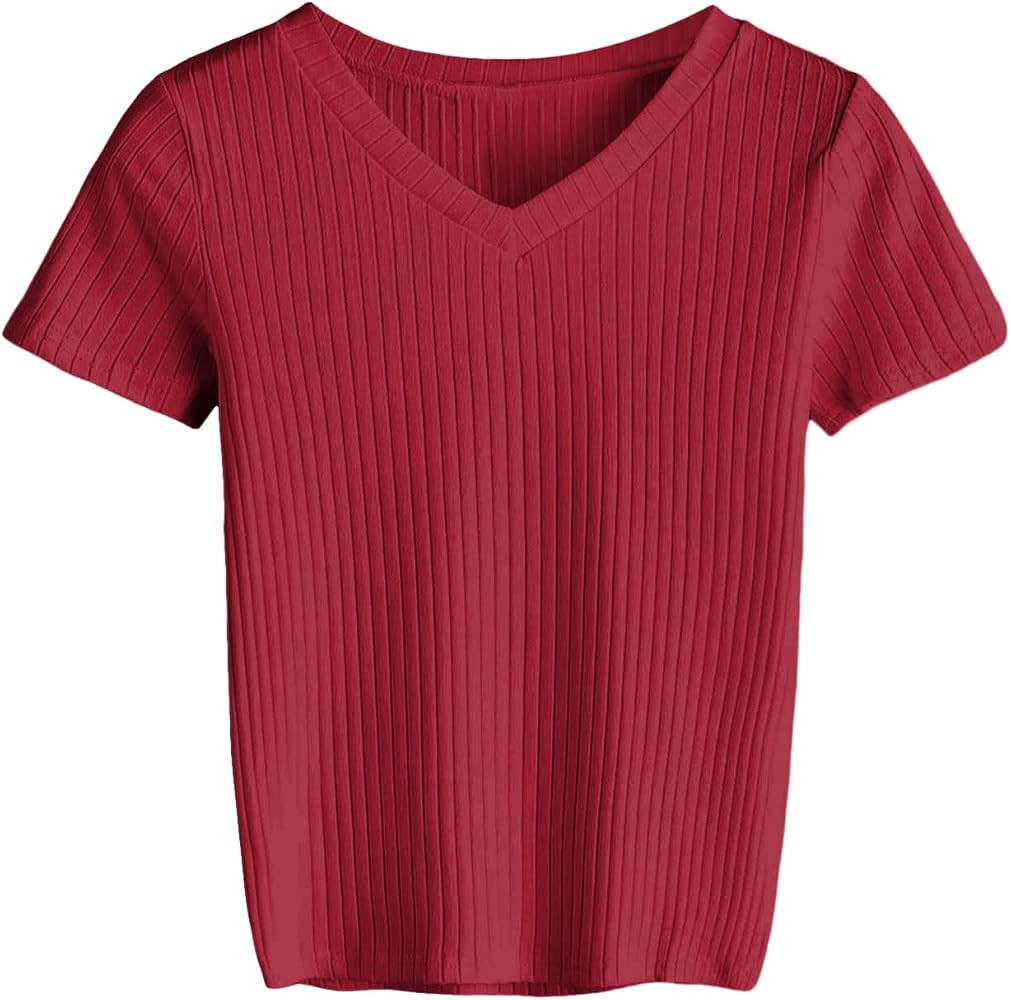 SweatyRocks Women's Basic Short Sleeve V Neck Ribbed Knit Crop Top Tee Shirt | Amazon (US)
