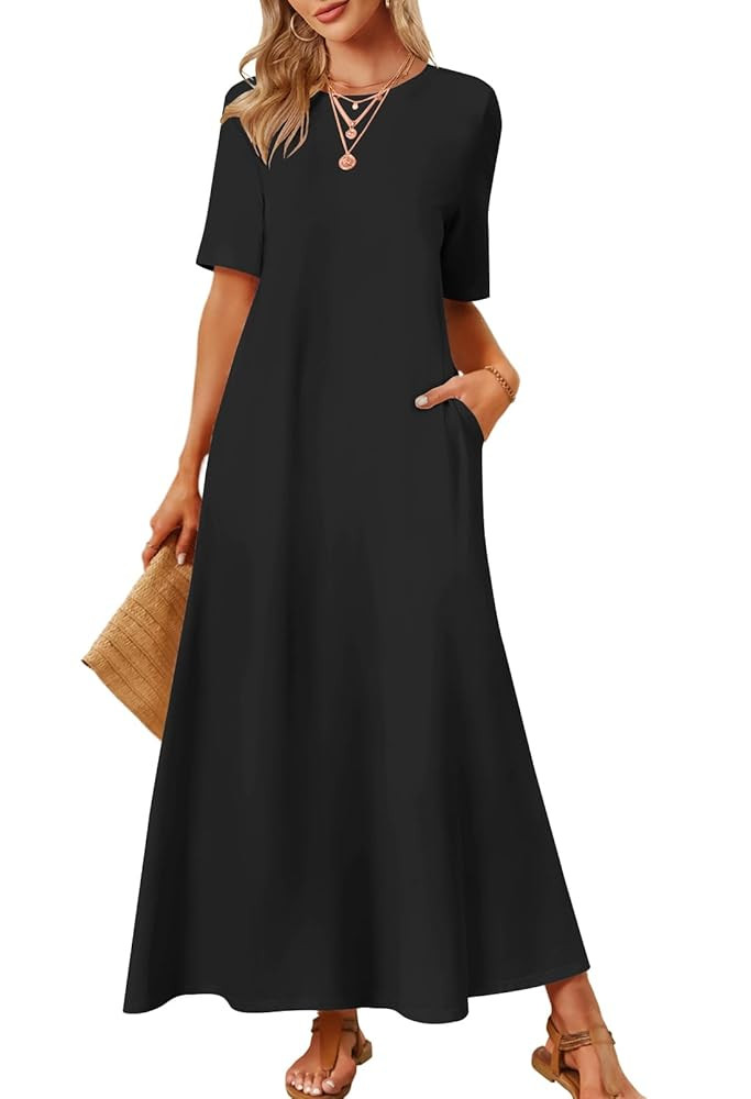 MEROKEETY Women's 2025 Summer Casual Maxi Dress Beach Vacation Short Sleeve Crewneck Basic Long T... | Amazon (US)