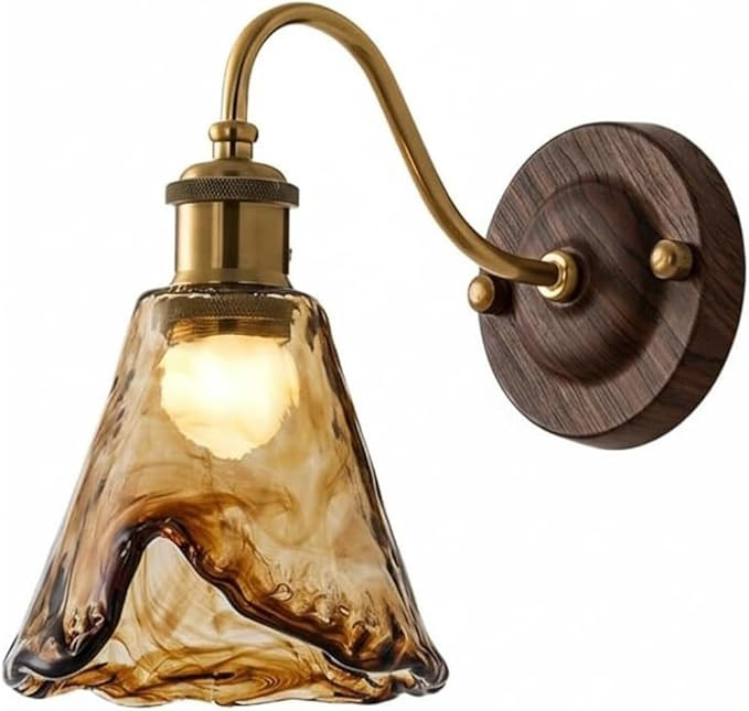 Amber Wavy Glass Wall Sconce with Brass Accent & Dark Wood Base E26/E27 Lighting Fixture Rustic F... | Amazon (US)