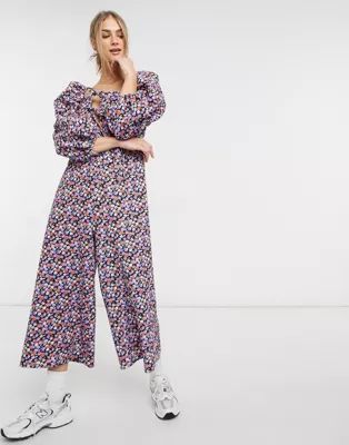 ASOS DESIGN double puff sleeve tie front jumpsuit in purple floral | ASOS (Global)