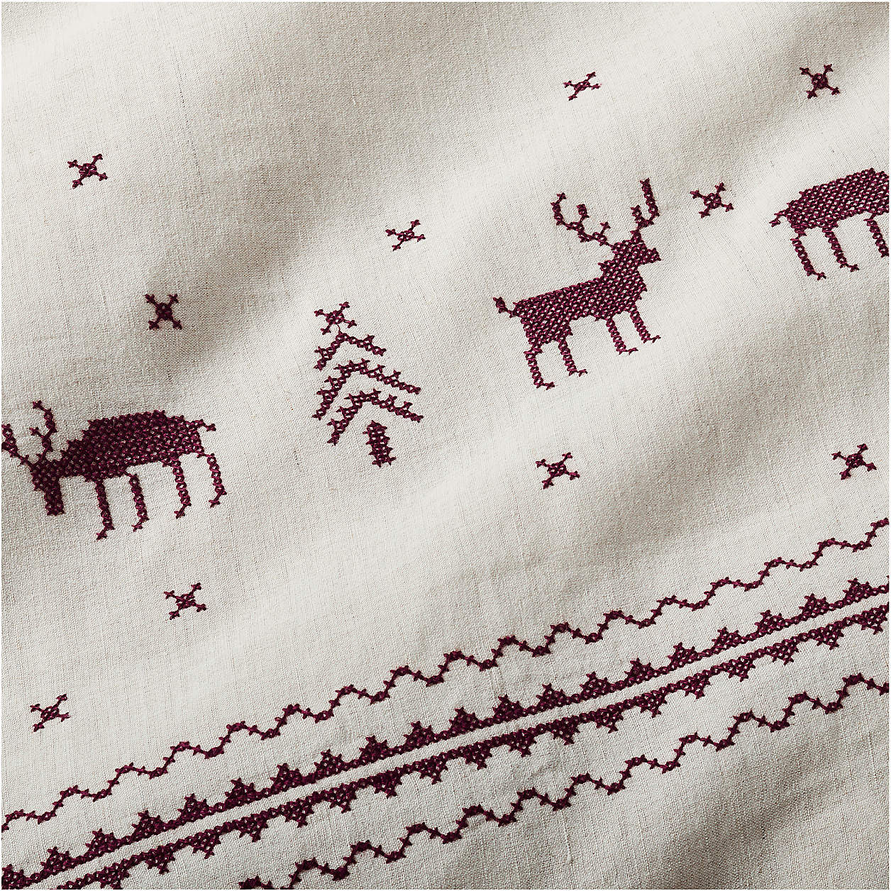 Holiday Reindeer Embroidered Cotton Linen Cross Stitch Natural King Duvet | Crate & Barrel | Crate & Barrel