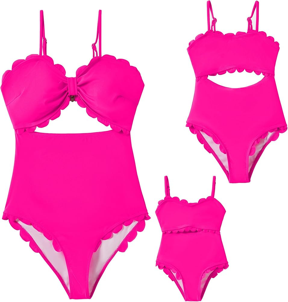 IFFEI Mommy and Me Matching Outfits Women's One Piece Swimsuits Cutout Scallop Trim Monokini Swim... | Amazon (US)