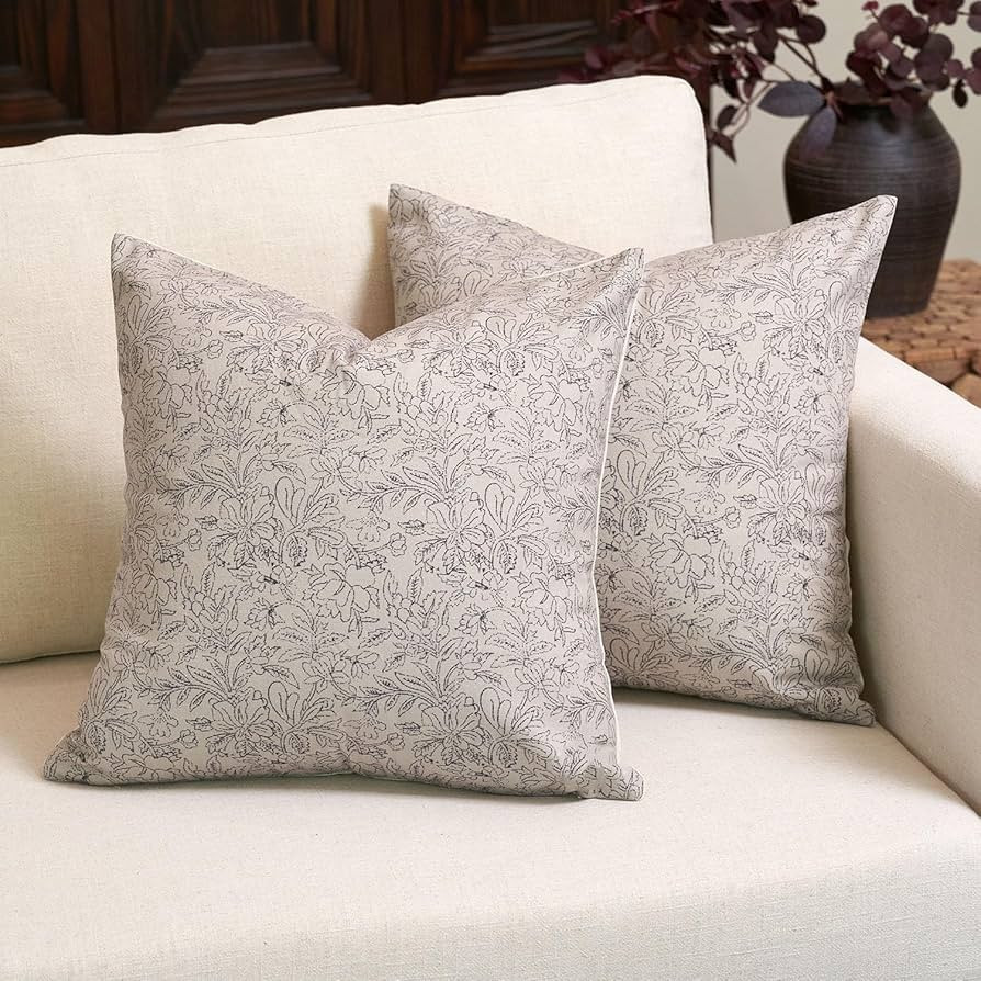 Amor Virisso Floral Throw Pillow Covers 18x18 Set of 2 Vintage Block Print Pillow Covers Decorati... | Amazon (US)