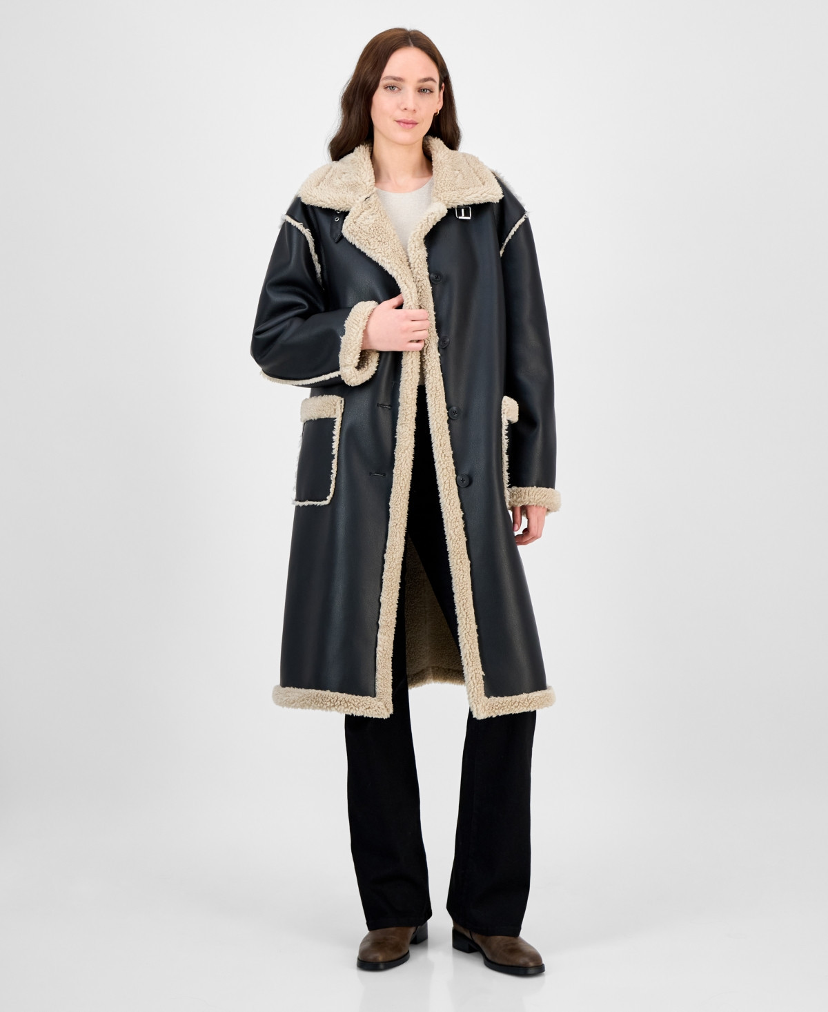 Maralyn & Me Juniors' Long Faux-Shearling-Trimmed Coat - Black | Macy's
