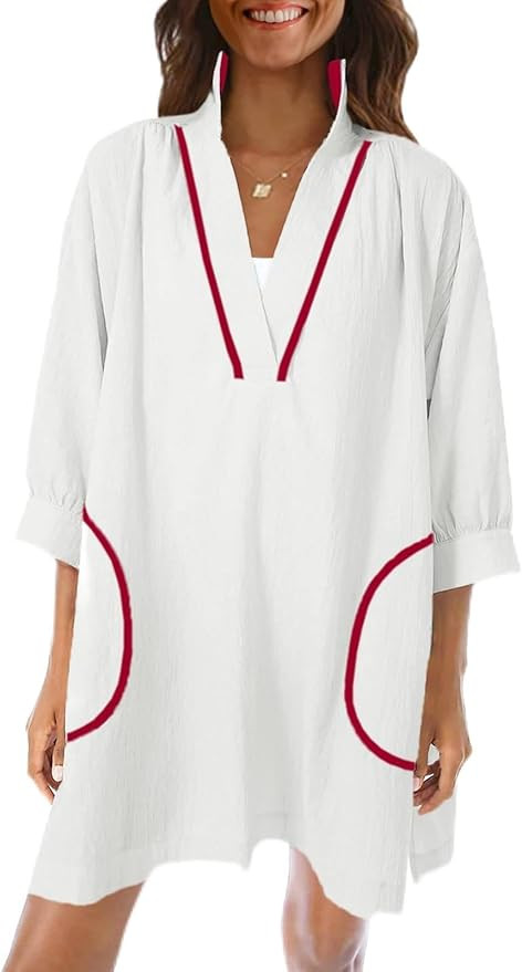 Saodimallsu Womens V Neck Swimsuit Coverup 3/4 Sleeve Color Block Oversized Cover ups Beach Mini ... | Amazon (US)