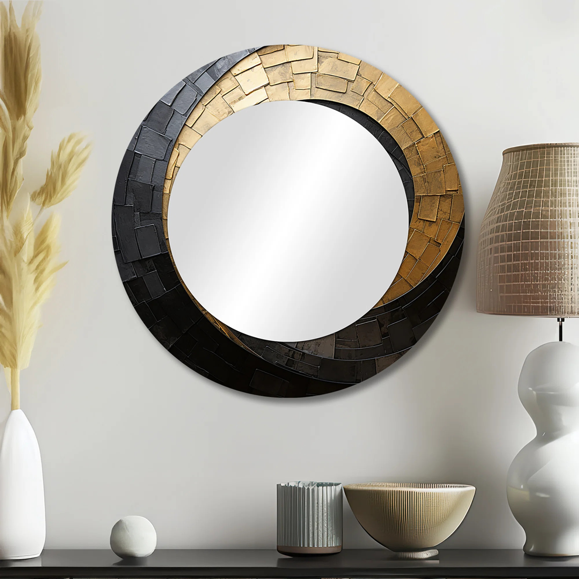 Gold Black Minimalism Spiral Poteries - Abstract Spirals Round Mirror Wall Decor | Wayfair North America
