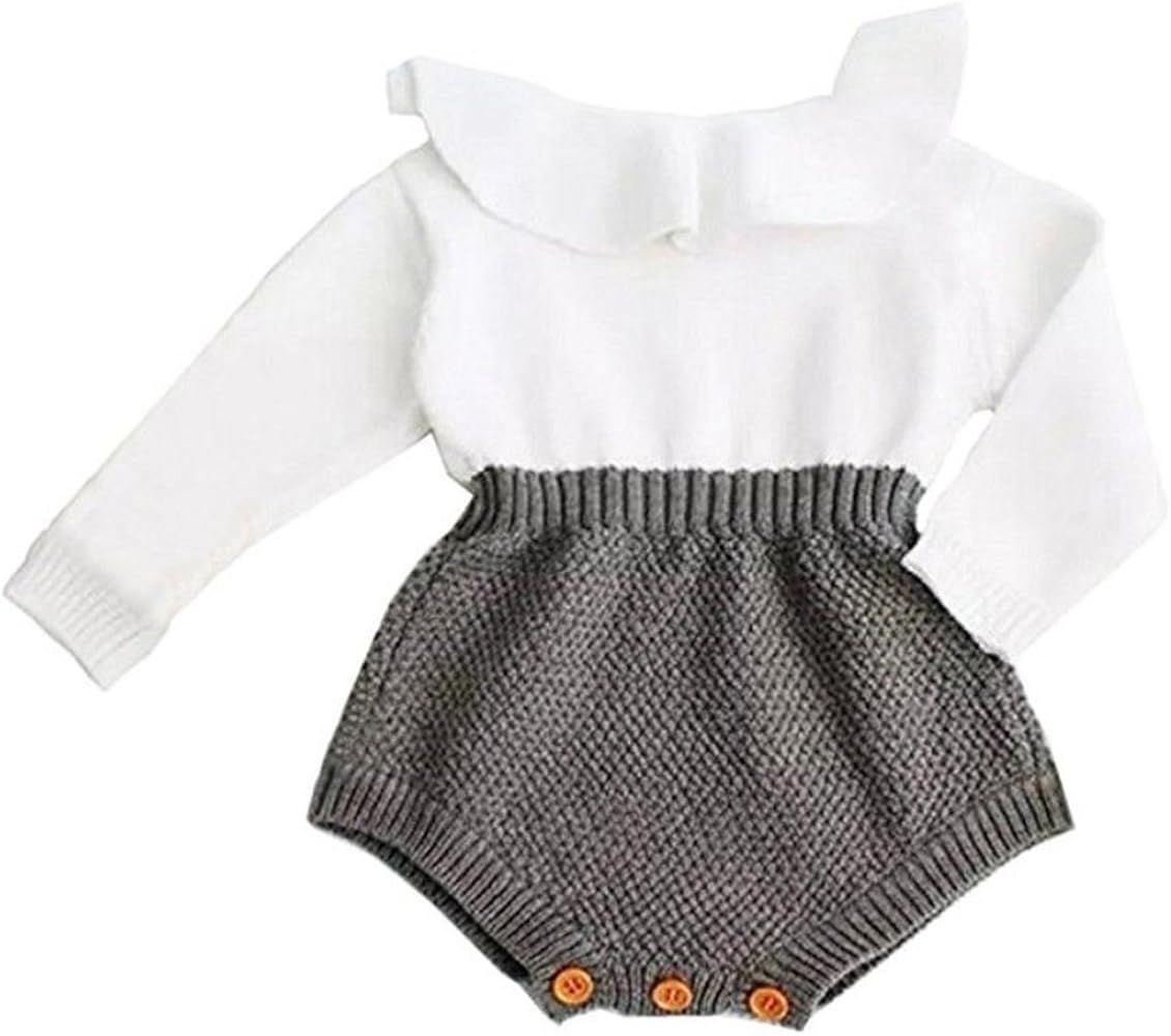 Baby Girls Sweet Knitted Fleece Romper Long Sleeve Ruffle Jumpsuit Sweater Dress | Amazon (US)