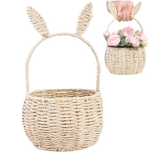 KYEQATY Easter Decoration Woven Basket Cute Bunny Basket with Handle Wicker Woven Storage Basket with Bunny Ears Rustic Flower Girl Basket for Wedding Picnic Party Favors Gifts Candies Fruits Style1 | Amazon (US)