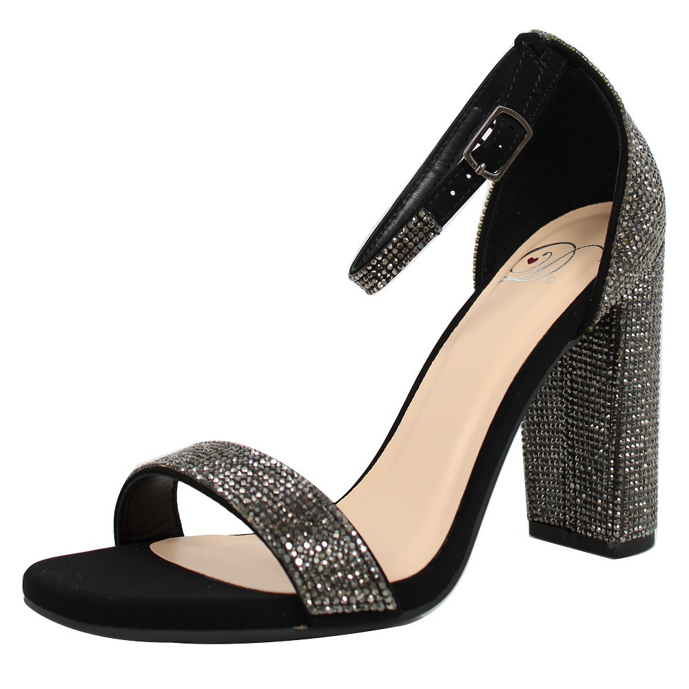 Delicious Women's Rhinestone Open Toe Ankle Strap Block Heel Dress Heels, Black,  7 M US | Walmart (US)