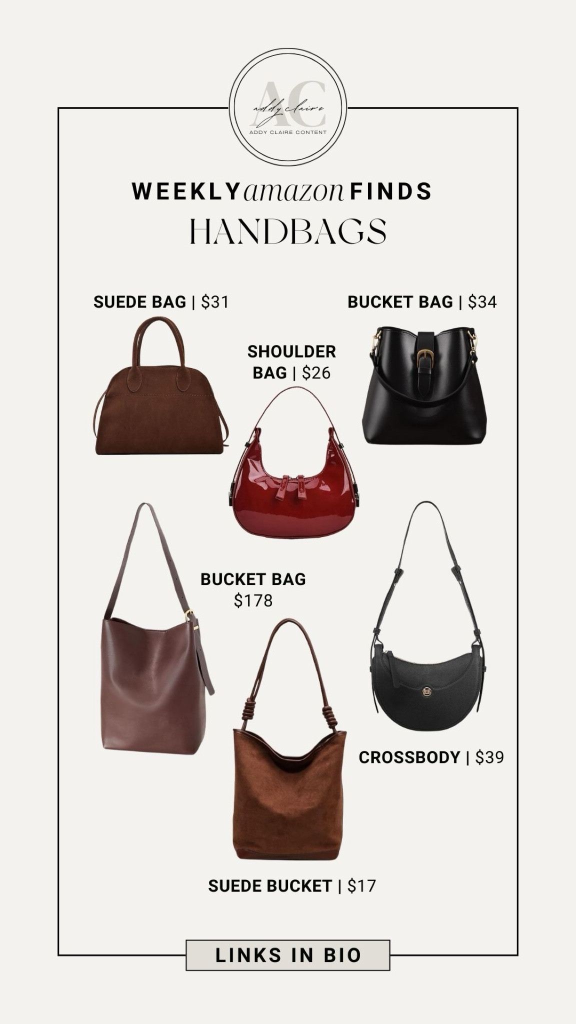 Here are my top picks for this week’s Amazon handbag finds! 👜

1. **Suede Bag** ($31) – A stylish addition that’s perfect for both casual and dressy outfits.
2. **Shoulder Bag** ($26) – Affordable and chic, this bag is great for everyday use!
3. **Bucket Bag** ($34) – Trendy and spacious, perfect for carrying all your essentials.
4. **Luxury Bucket Bag** ($178) – A splurge-worthy piece that elevates any outfit with its sleek design.
5. **Crossbody** ($39) – Functional and stylish, this is my go-to for hands-free convenience.
6. **Suede Bucket** ($17) – An amazing deal for a stylish look that won’t break the bank!

These bags are not only functional but also add a touch of flair to any outfit. Check out the link in my bio to shop these fabulous finds! #Handbags #AmazonFinds #FashionFavorites 

#LTKStyleTip #LTKItBag #LTKSaleAlert