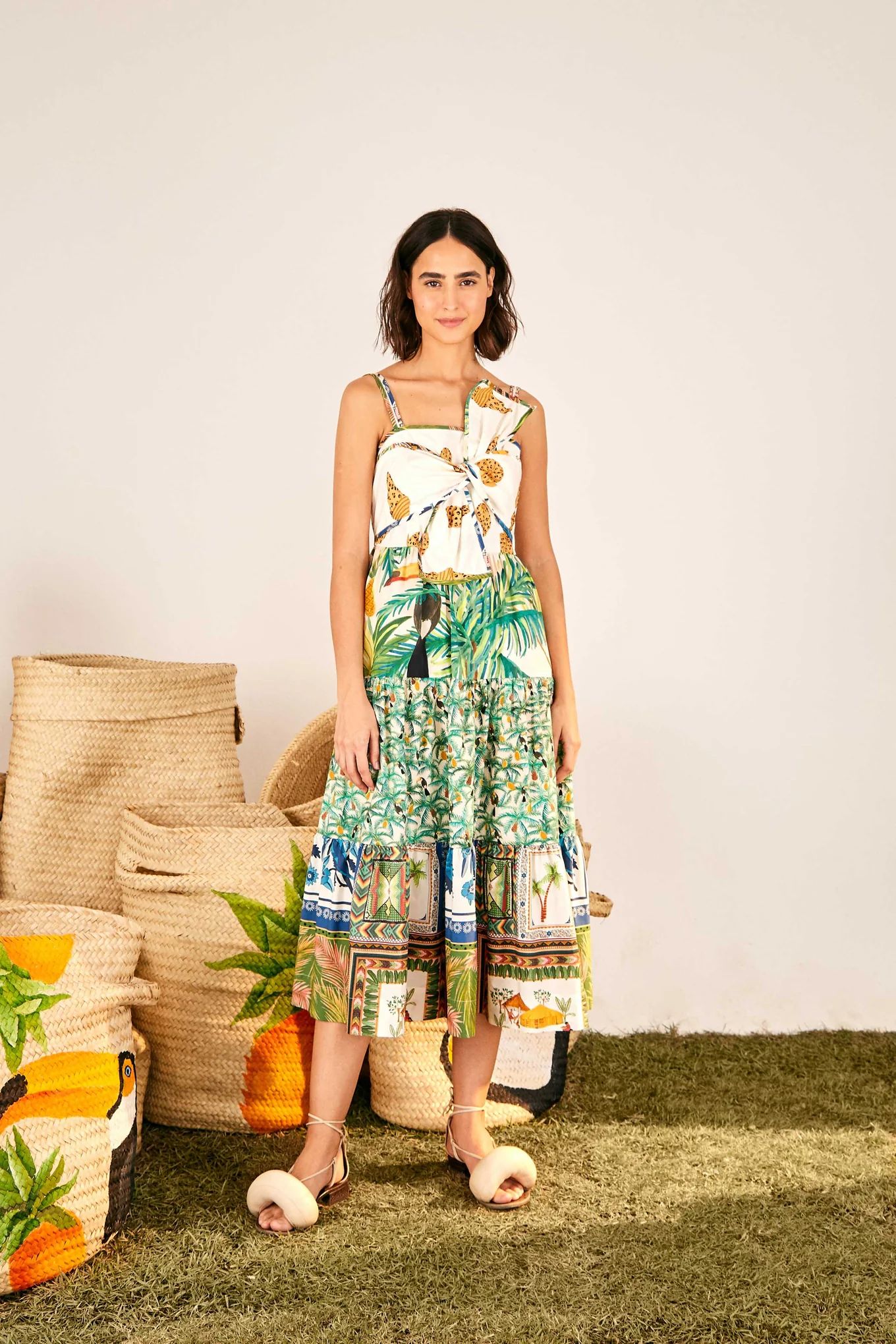 mixed prints  bow top midi dress | FarmRio