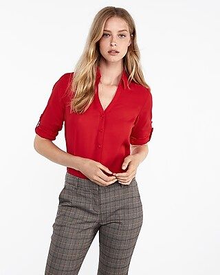 Express Womens Slim Fit Covered Button Portofino Shirt Red Women's Xxs Red Xxs | Express