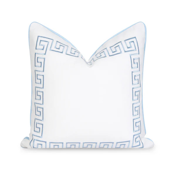 Coastal Indoor Outdoor Throw Pillow Cover, Embroidered Greek Key with Piping, Baby Blue, 20"x20" | Hofdeco