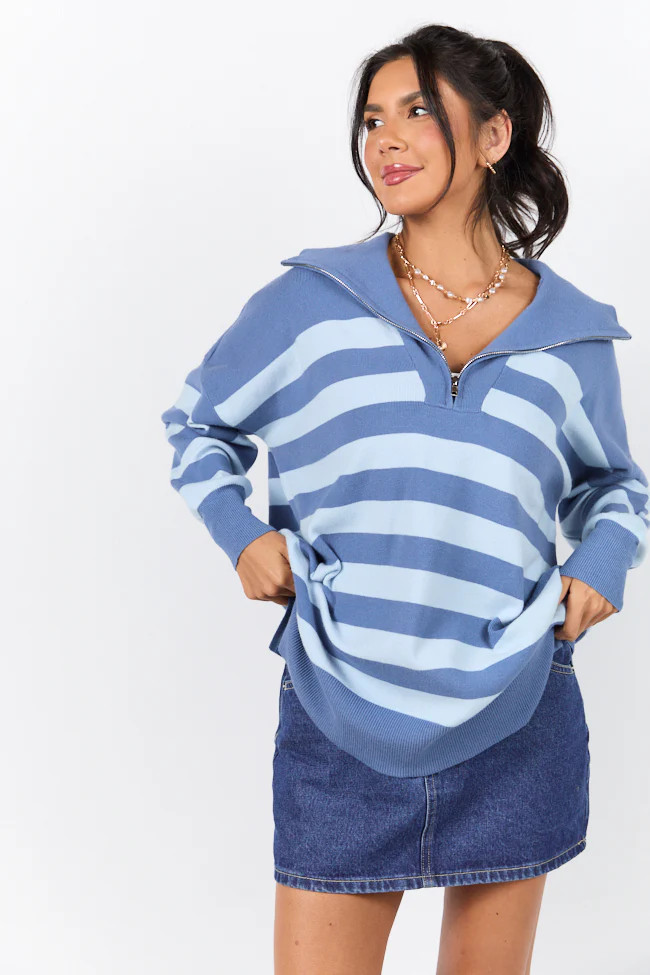 Pulling Heartstrings Navy and Blue Stripe Quarter Zip Pullover | Pink Lily