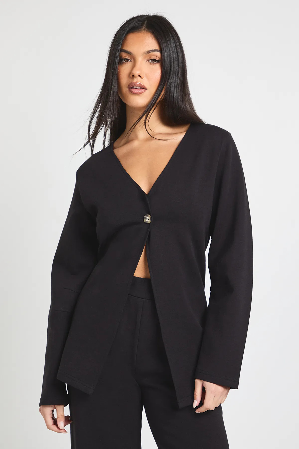 Interlock Balloon Sleeve Button Detail Cardigan and Trouser Co-ord | boohoo (US & Canada)