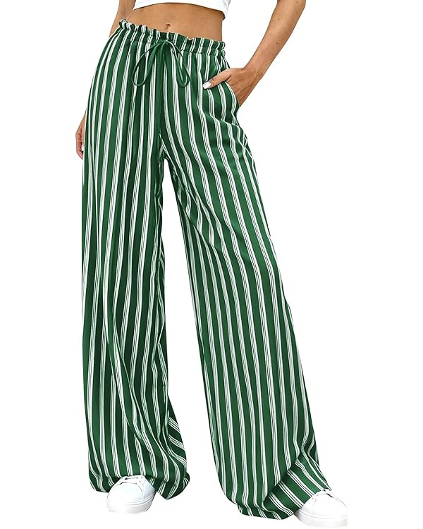 PRETTYGARDEN Women's Wide Leg Palazzo Pants Dressy Casual Striped Y2K Baggy Trousers High Waisted... | Amazon (US)