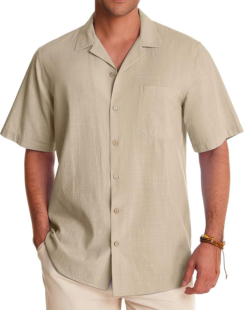 Alimens & Gentle Mens Linen Shirts Short Sleeve Button Down Shirts Cotton Summer Beach Cuban Shir... | Amazon (US)