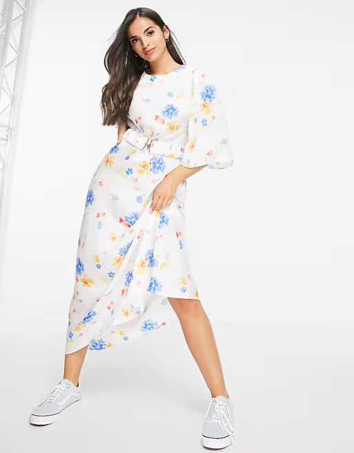 ASOS DESIGN belted satin midi dress with angel sleeve in white based floral print | ASOS (Global)