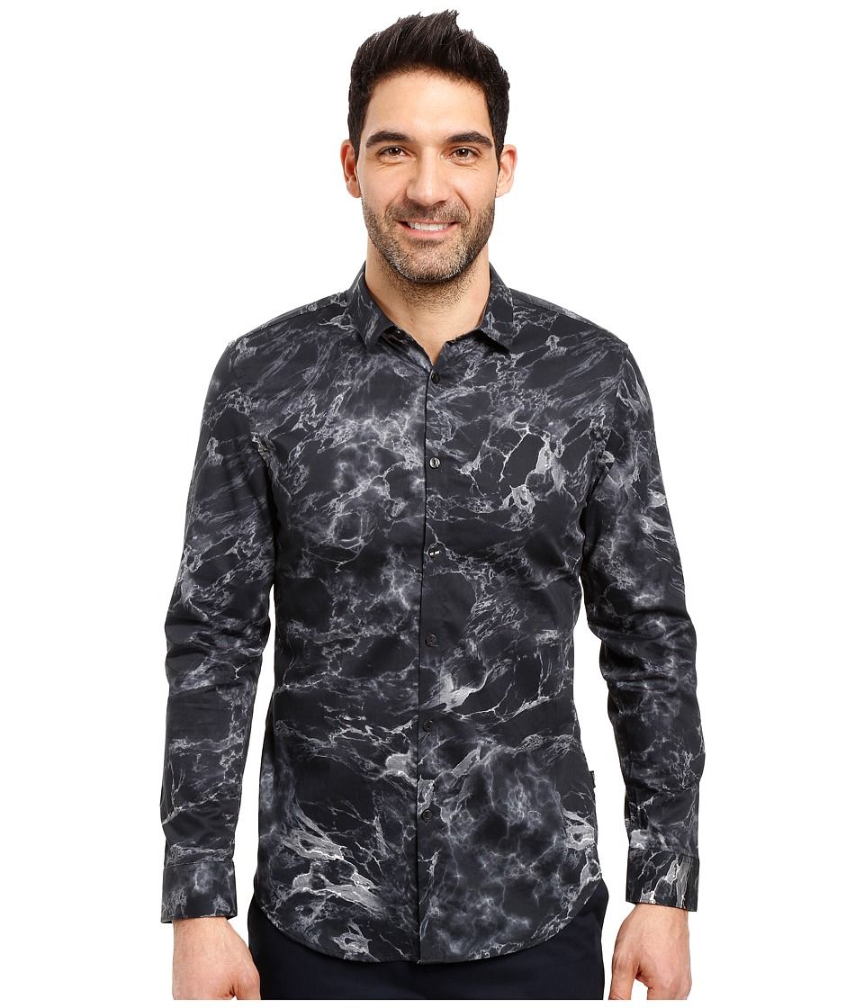 Calvin Klein - Long Sleeve Marble Print Button Down Shirt (Black) Men's Long Sleeve Button Up | Zappos