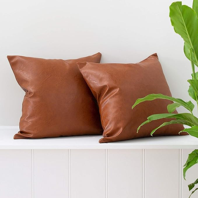 Inspired Ivory Set of 2 Faux Leather Pillowcase Throw Pillow Covers - Modern Brown Faux Leather D... | Amazon (US)