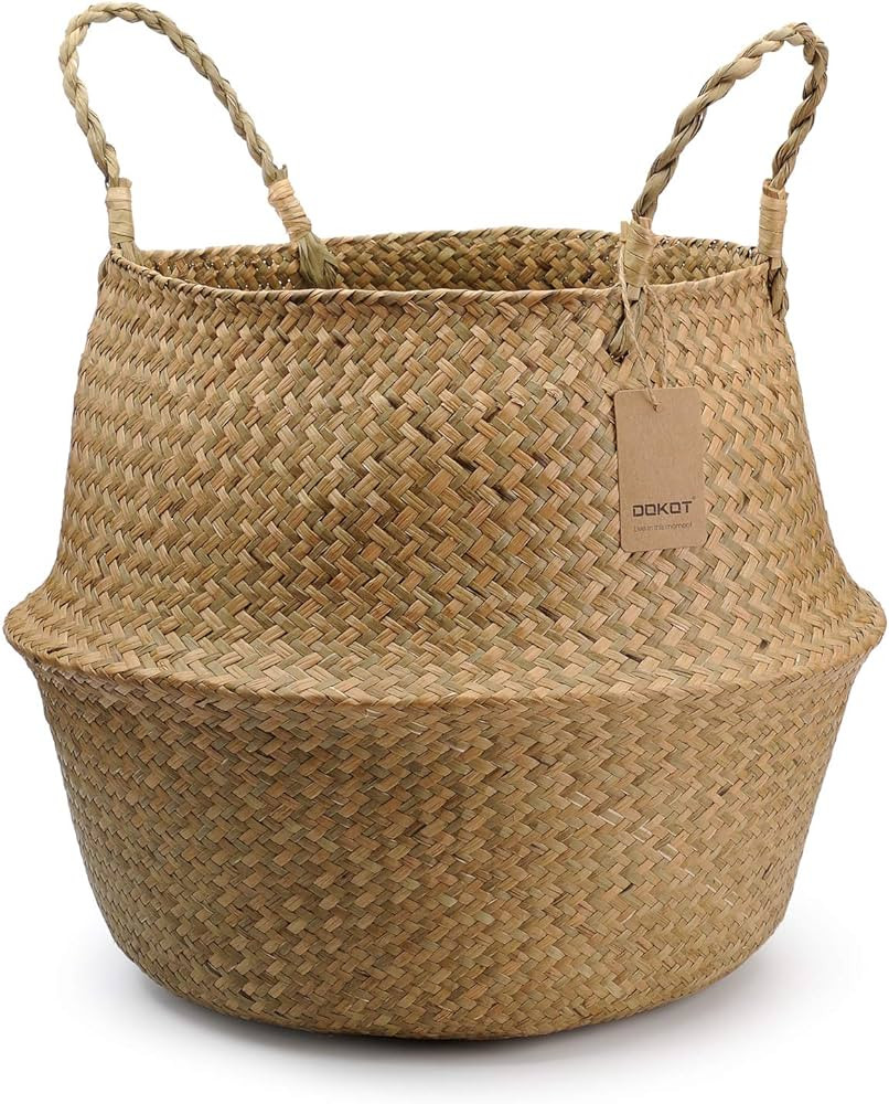 DOKOT Seagrass Plant Basket with Handles, Round Storage Wicker Basket (10.6inch Diameter x 12.5in... | Amazon (US)