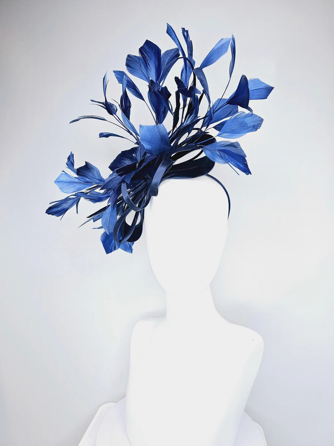 Kentucky Derby Hat Fascinator Navy Blue Satin Loops and Feather Flower With Navy Blue Feathers - ... | Etsy (US)