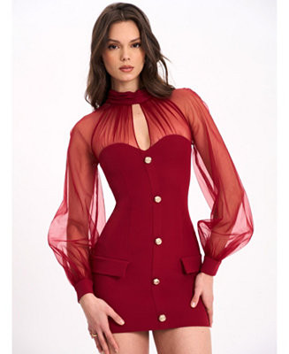 Miss Circle Women's Tabitha Burgundy Mesh Lantern Sleeve Mini Dress - Macy's | Macy's