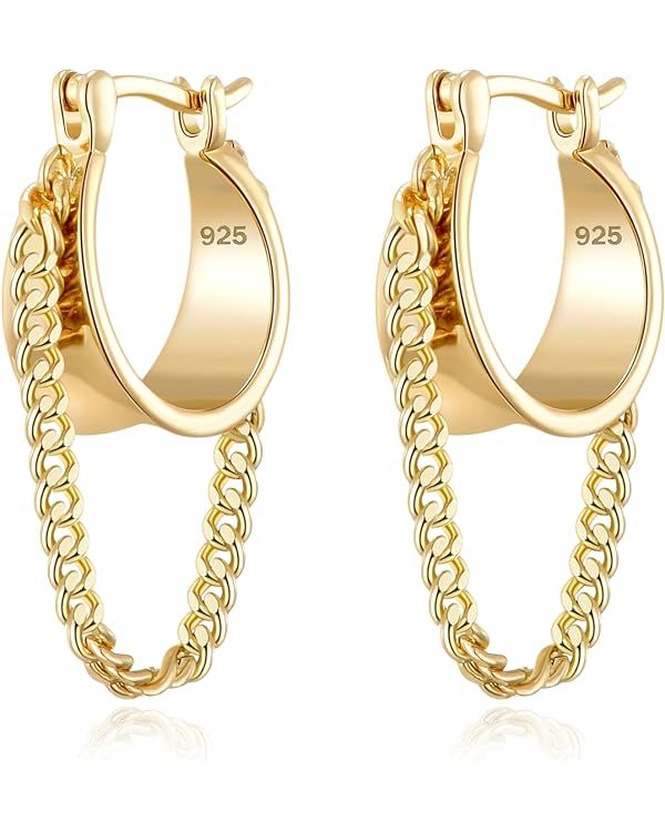 Ritach 925 Sterling Silver Small Huggie Hoop Earrings for Women Trendy 14K Gold Plated Chain Hoop... | Amazon (US)