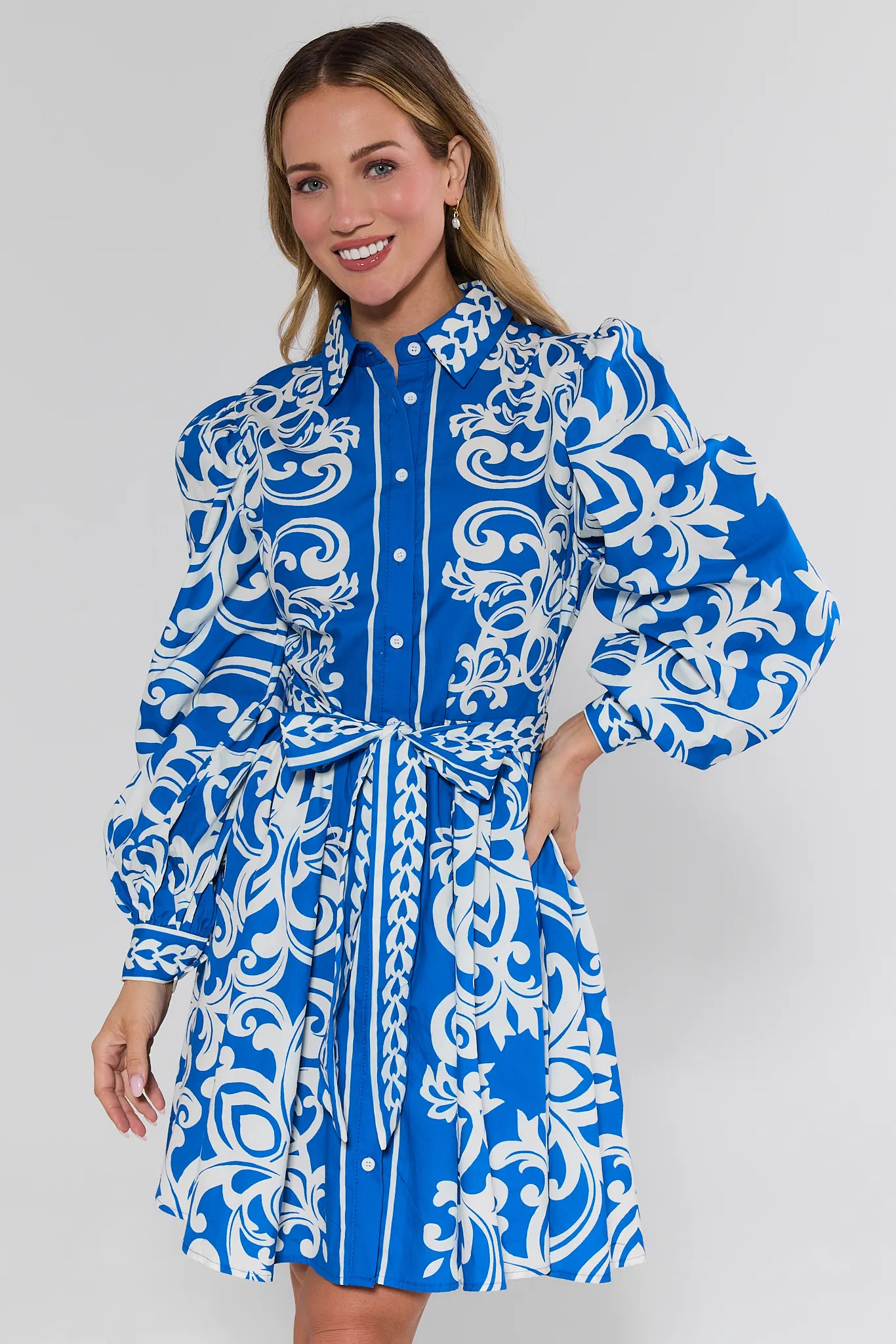 Daphne Blue Printed Short Dress | Avara