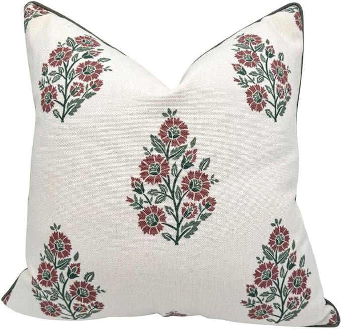 “The Sutton” Burgundy & Deep Green Floral Block Print Pillow Cover – Off-White Decorative F... | Amazon (US)