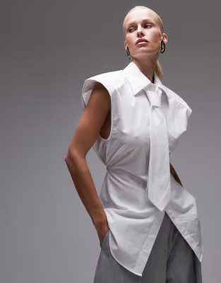 ASOS DESIGN shoulder pad sleeveless shirt with tie | ASOS (Global)