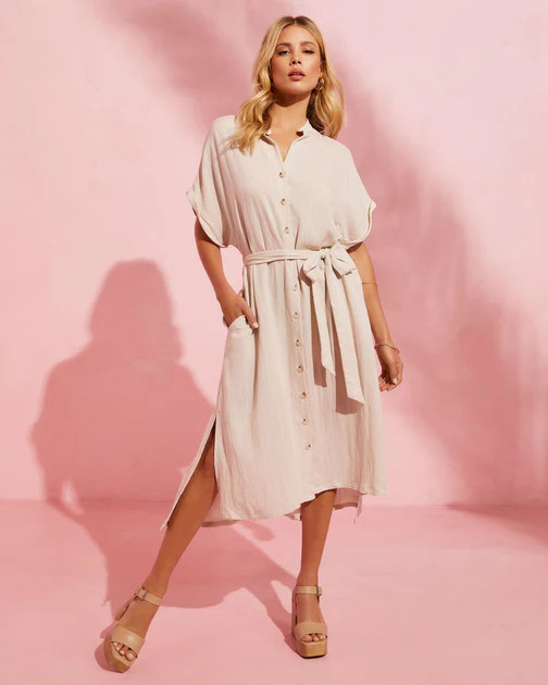 Serengeti Tie Waist Button Front Midi Dress - Natural - SALE | VICI