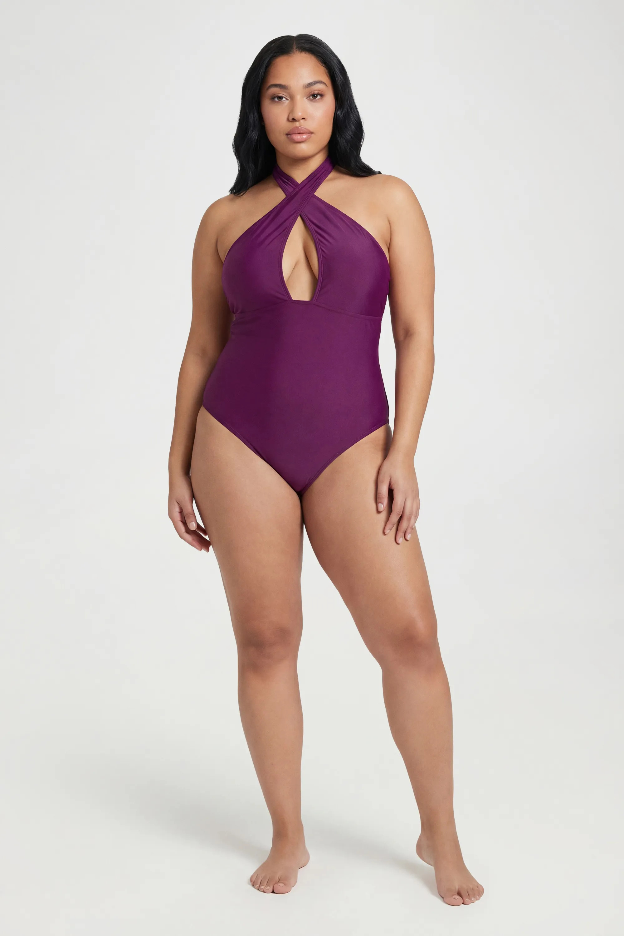 Purple Plus Halterneck Crossover Keyhole Swimsuit | Boohoo USA | boohoo (US & Canada)