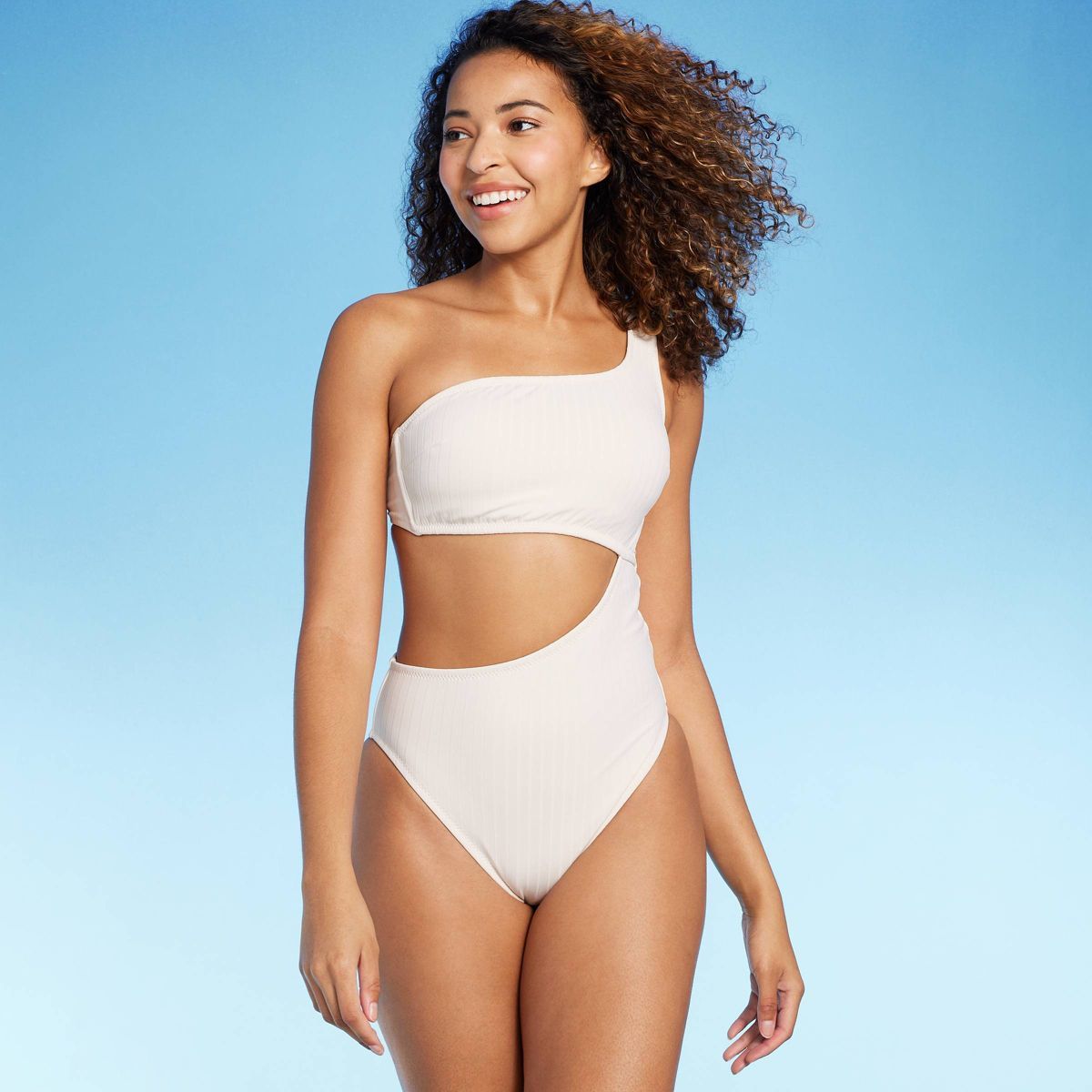 Women's Ribbed One Shoulder Cut Out One Piece Swimsuit - Shade & Shore™ Off-White XS | Target