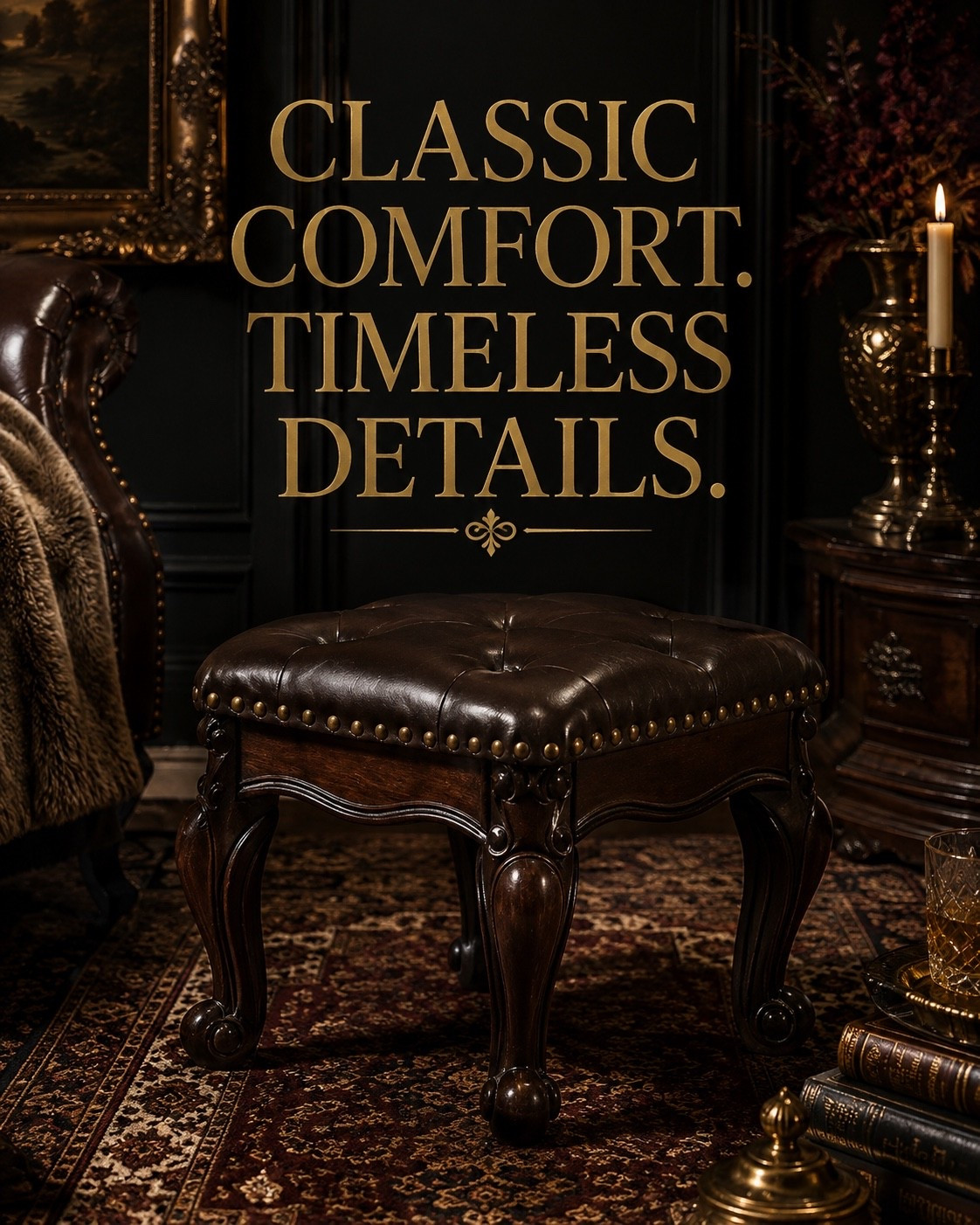 Classic comfort is in the details. A tufted leather stool with carved wood and antique brass nailheads adds the kind of old-world character that makes a room feel collected, substantial, and expensive. It’s the perfect Amazon find for a vanity, dressing room, library, or anywhere you want a little timeless luxury.

#AmazonFinds #LeatherStool #ClassicInteriors #OldMoneyAesthetic #TimelessStyle #LuxuryForLess #AmazonHome #TraditionalDecor #VintageInspired #DesignerLook #HomeDecorFinds #ElegantHome #CollectedHome #InteriorStyling #callsigndesign