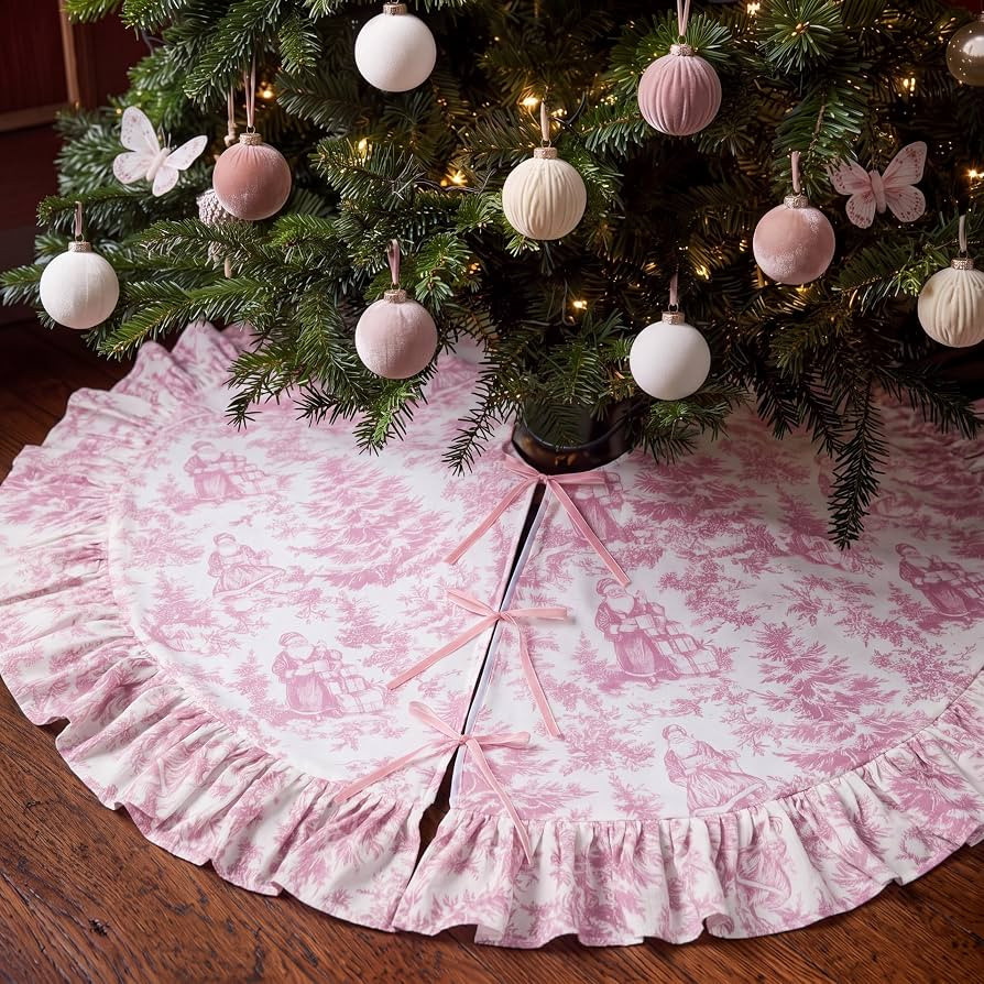 Blueweenly Pink Chinoiserie Christmas Tree Skirt Toile De Jouy Tree Skirt | Amazon (US)