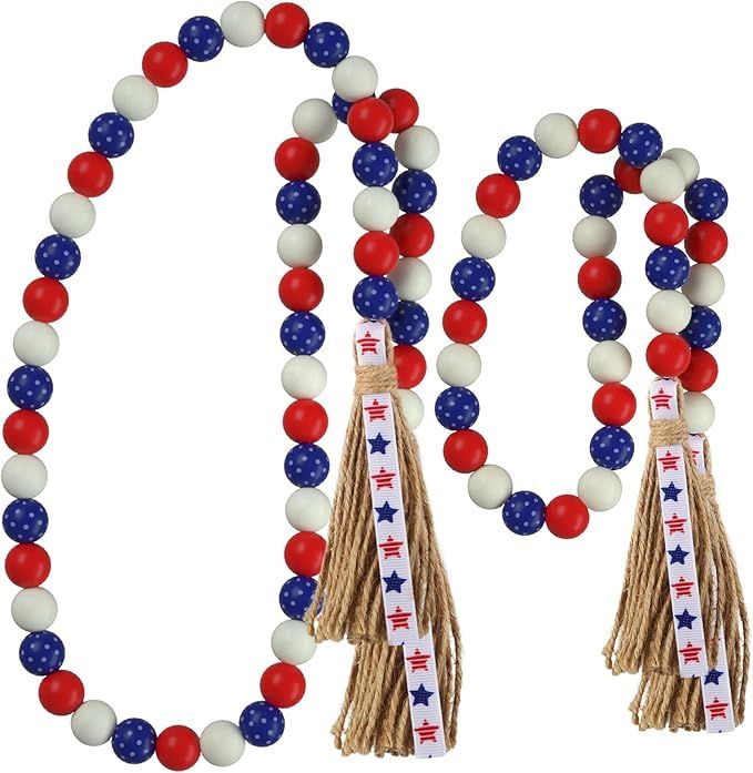 Patriotic Wood Bead Garland,YuanDe 2pcs 4th of July American Wooden Beads String Jute Rope Tassel... | Amazon (US)