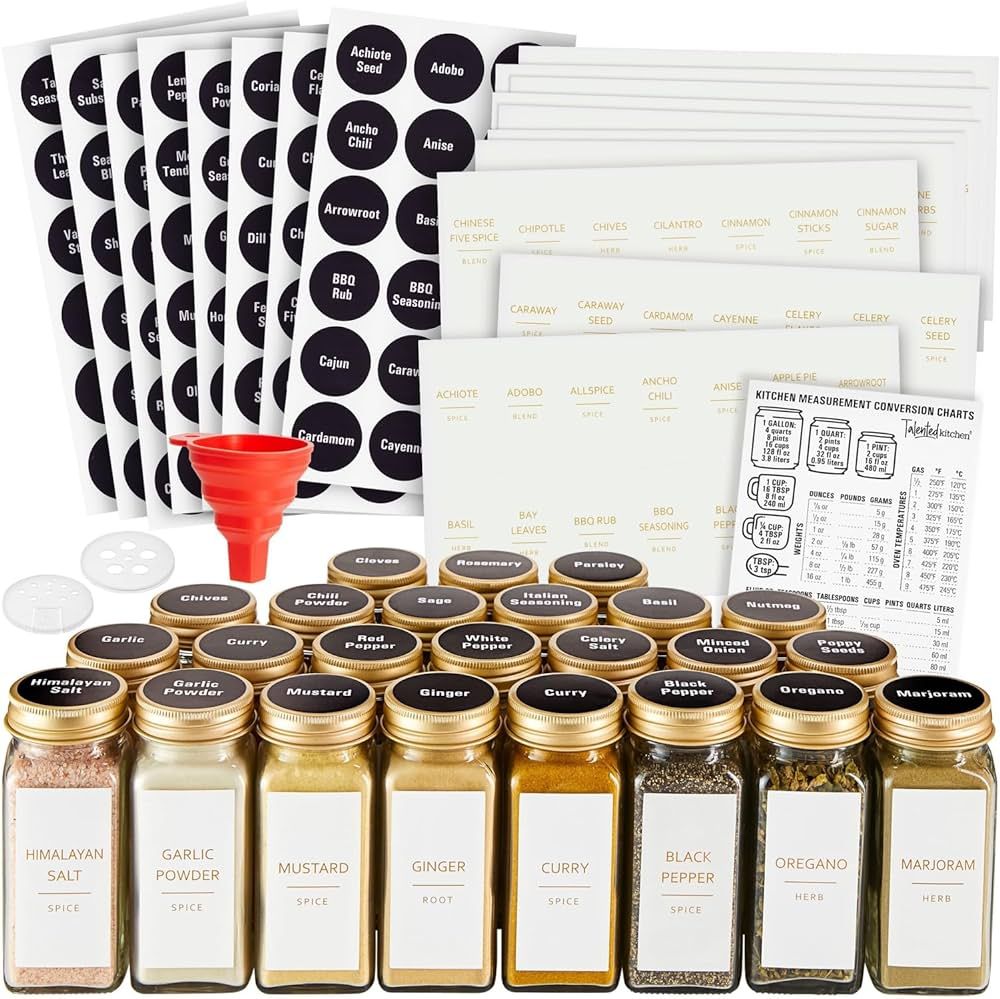 Talented Kitchen 24 Pack Glass Spice Jars with 284 Preprinted Label Stickers in 2 Styles, 4 oz Em... | Amazon (US)