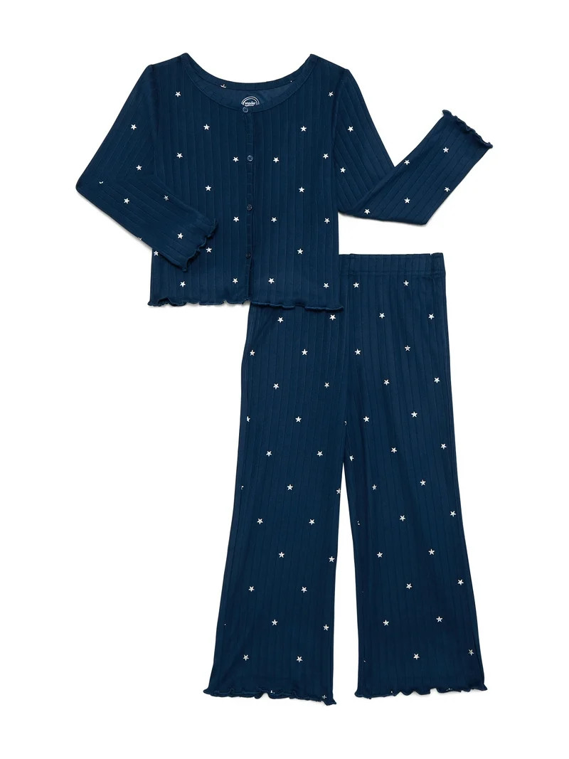 Wonder Nation Girls Ribbed Top and Pants Pajama Set, 2-Piece, Sizes 4-18 | Walmart (US)